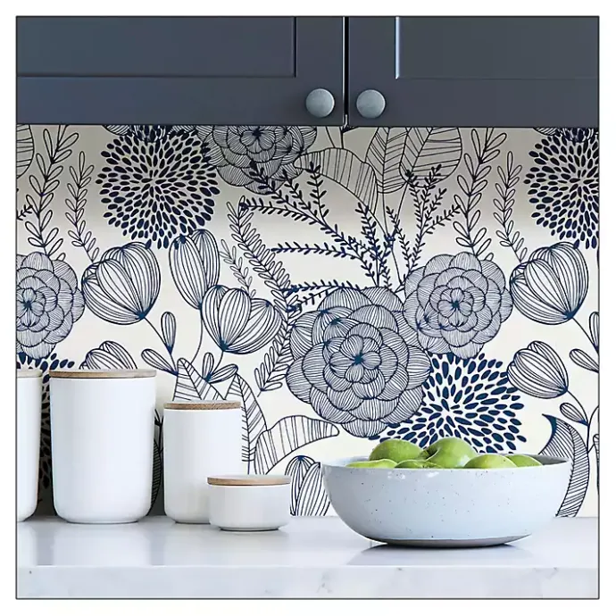 Sale Kirklands Home Navy Floral Garden Peel & Stick Wallpaper Blue