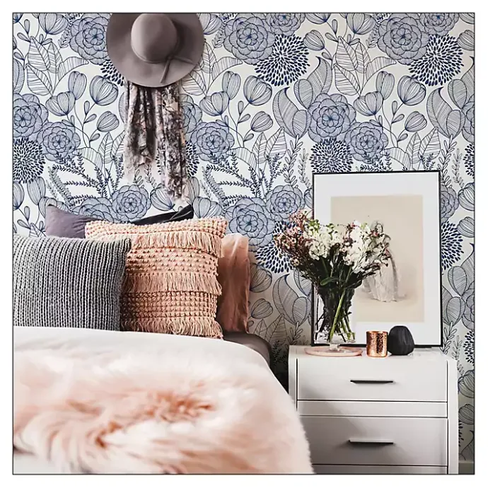 Sale Kirklands Home Navy Floral Garden Peel & Stick Wallpaper Blue