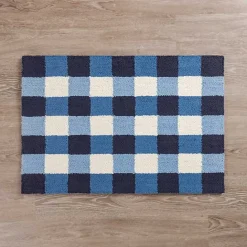 New Kirklands Home Navy Plaid Hooked Accent Rug Blue