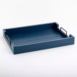 Kirklands Home Navy Slatted Wood & Metal Handles Tray Blue