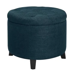 Discount Kirklands Home Navy Upholstered Eliza Round Storage Ottoman Blue