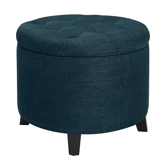 Discount Kirklands Home Navy Upholstered Eliza Round Storage Ottoman Blue