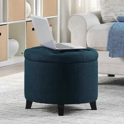 Discount Kirklands Home Navy Upholstered Eliza Round Storage Ottoman Blue