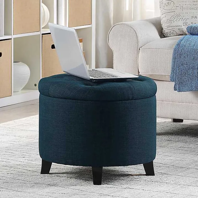 Discount Kirklands Home Navy Upholstered Eliza Round Storage Ottoman Blue