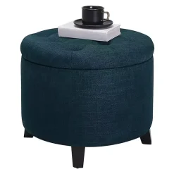 Discount Kirklands Home Navy Upholstered Eliza Round Storage Ottoman Blue