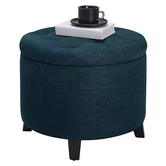 Discount Kirklands Home Navy Upholstered Eliza Round Storage Ottoman Blue