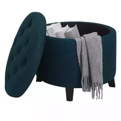 Discount Kirklands Home Navy Upholstered Eliza Round Storage Ottoman Blue