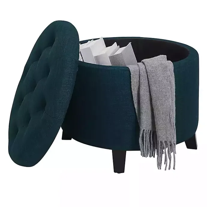 Discount Kirklands Home Navy Upholstered Eliza Round Storage Ottoman Blue