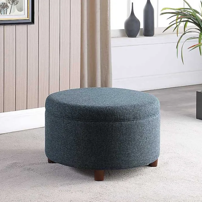 Outlet Kirklands Home Navy Upholstered Round Storage Ottoman Blue