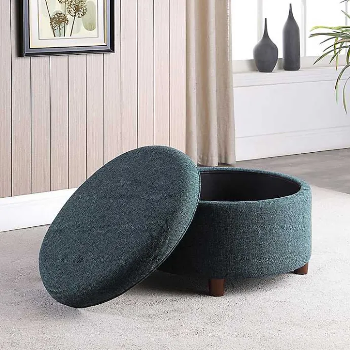 Outlet Kirklands Home Navy Upholstered Round Storage Ottoman Blue
