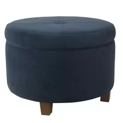 New Kirklands Home Navy Velvet Upholstered Round Storage Ottoman Blue