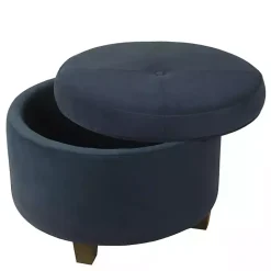 New Kirklands Home Navy Velvet Upholstered Round Storage Ottoman Blue