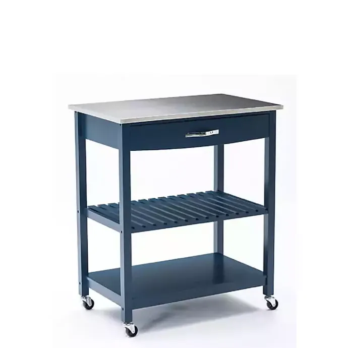 Best Kirklands Home Navy Wood and Stainless Steel Top Kitchen Cart Blue