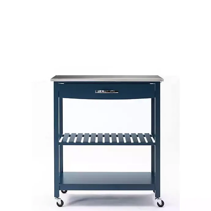 Best Kirklands Home Navy Wood and Stainless Steel Top Kitchen Cart Blue