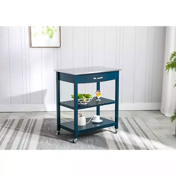 Best Kirklands Home Navy Wood and Stainless Steel Top Kitchen Cart Blue