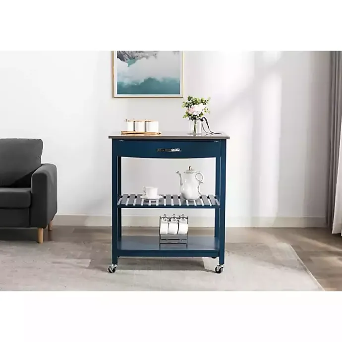 Best Kirklands Home Navy Wood and Stainless Steel Top Kitchen Cart Blue