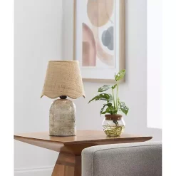 Best Kirklands Home Neutral Faux Stone Table Lamp with Scalloped Shade Tan