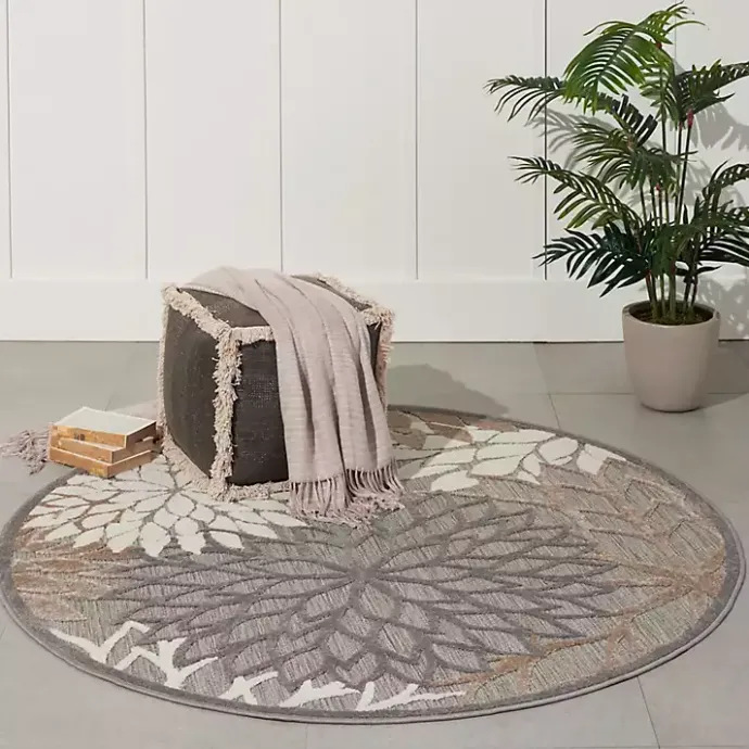 Sale Kirklands Home Neutral Floral Burst Outdoor Round Area Rug, 5 ft.