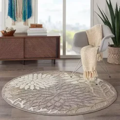 Sale Kirklands Home Neutral Floral Burst Outdoor Round Area Rug, 5 ft.