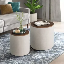 New Kirklands Home Neutral Upholstered Nesting Ottomans, Set of 2 Ivory