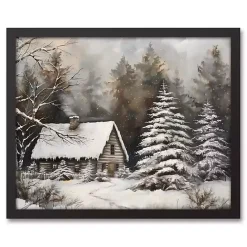 Sale Kirklands Home Neutral Winter Log Cabin Framed Canvas Art Print