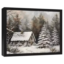 Sale Kirklands Home Neutral Winter Log Cabin Framed Canvas Art Print