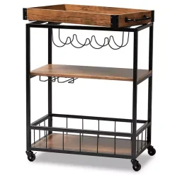 Sale Kirklands Home Oak and Black Metal Bar Cart with Bottle Rack