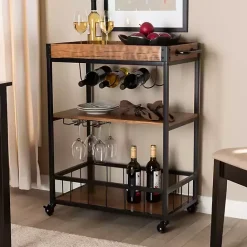 Sale Kirklands Home Oak and Black Metal Bar Cart with Bottle Rack
