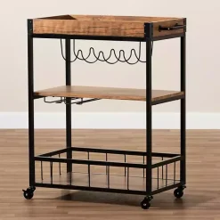Sale Kirklands Home Oak and Black Metal Bar Cart with Bottle Rack