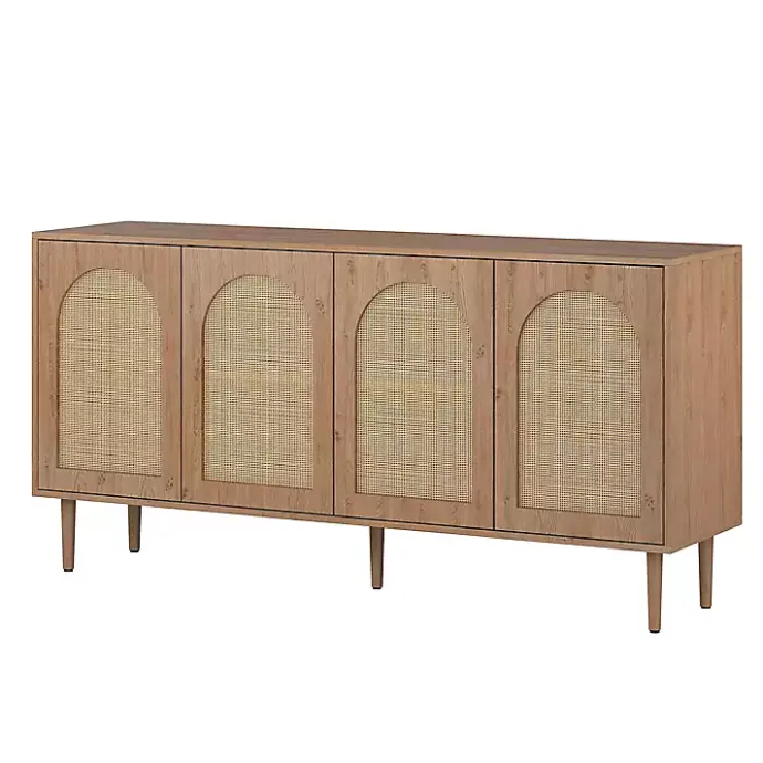 Hot Kirklands Home Oak and Natural Rattan 4-Door Sideboard Brown