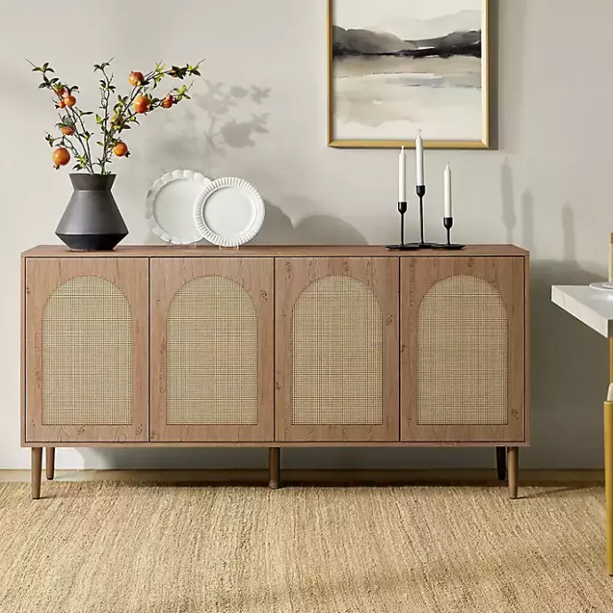 Hot Kirklands Home Oak and Natural Rattan 4-Door Sideboard Brown