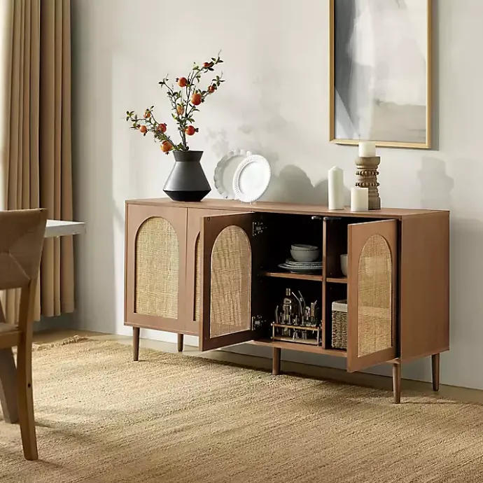 Hot Kirklands Home Oak and Natural Rattan 4-Door Sideboard Brown