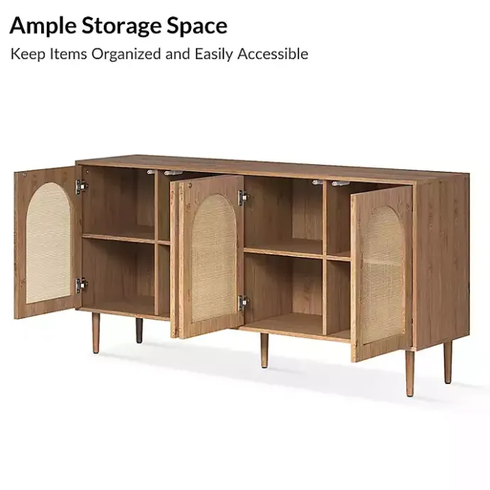 Hot Kirklands Home Oak and Natural Rattan 4-Door Sideboard Brown