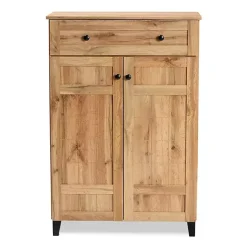 Kirklands Home Oak 2-Door Grid Shoe Storage Cabinet Tan