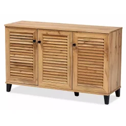 New Kirklands Home Oak 3-Door Slatted Shoe Storage Cabinet Brown