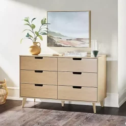 Hot Kirklands Home Oak Wood Simple Grooved Handle 6-Drawer Dresser Tan