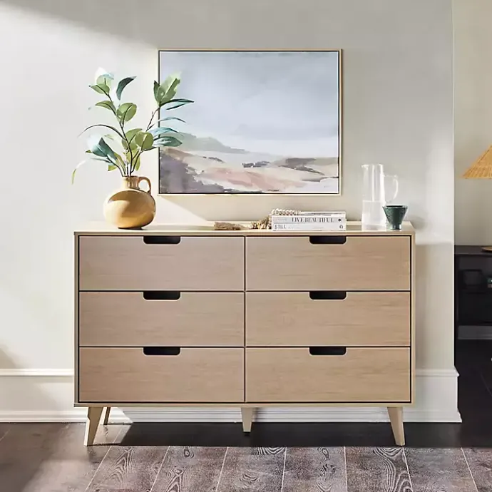 Hot Kirklands Home Oak Wood Simple Grooved Handle 6-Drawer Dresser Tan