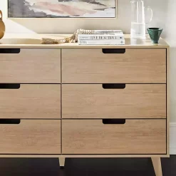 Hot Kirklands Home Oak Wood Simple Grooved Handle 6-Drawer Dresser Tan