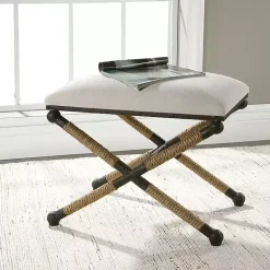 New Kirklands Home Oatmeal Upholstered Wrapped Rope Frame Bench Ivory