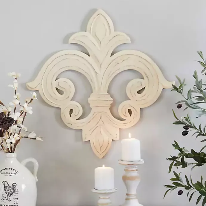 New Kirklands Home Off-White Distressed Fleur De Lis Wall Decoration Ivory