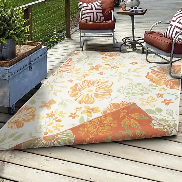 Sale Kirklands Home Orange & Green Floral Reversible Outdoor Rug, 5x7