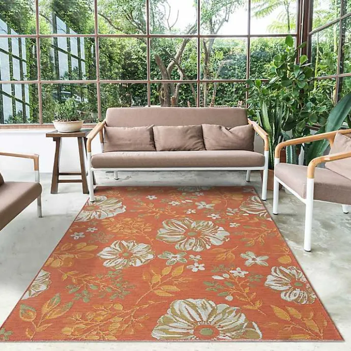 Sale Kirklands Home Orange & Green Floral Reversible Outdoor Rug, 5x7