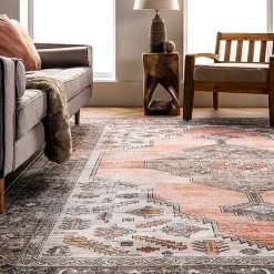 Kirklands Home Orange Distressed Medallion Washable Runner