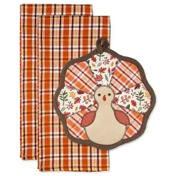 Clearance Kirklands Home Orange Plaid Turkey 3-pc. Potholder & Towel Set