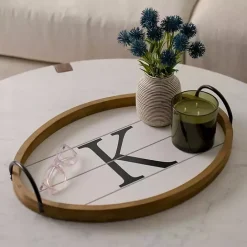 Discount Kirklands Home Oval Wood Monogram K Tray White