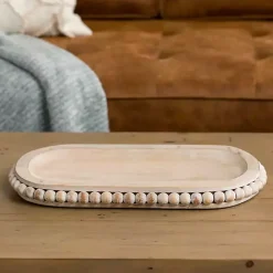 Clearance Kirklands Home Oval Whitewashed Beaded Wood Tray