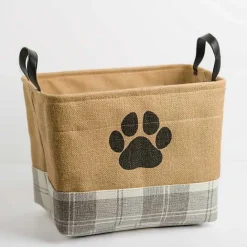 Discount Kirklands Home Paw Print Gray Plaid Leather Handle Jute Bin