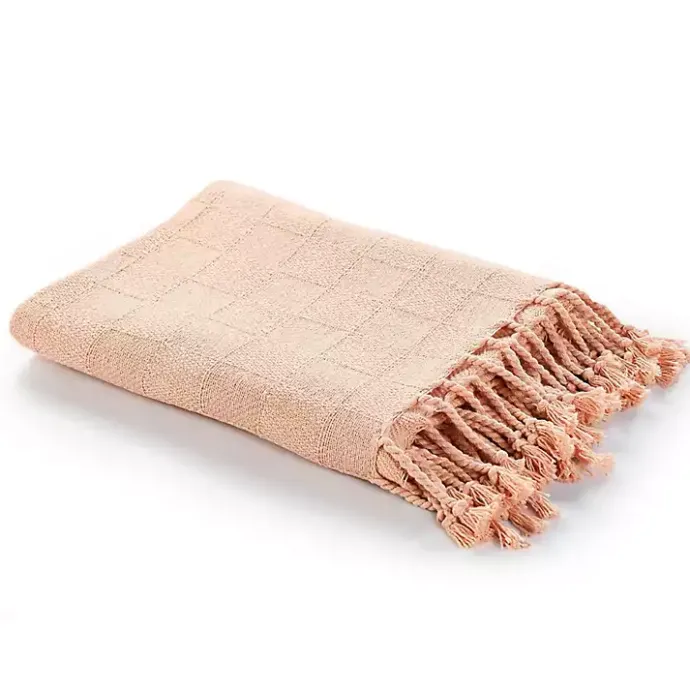 Kirklands Home Peach Checkered Weave Fringe Throw Pink