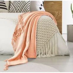 Kirklands Home Peach Checkered Weave Fringe Throw Pink