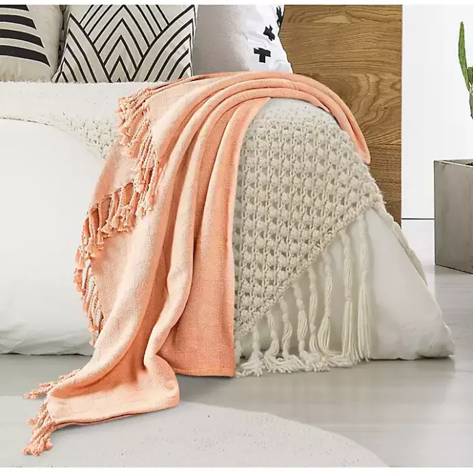 Kirklands Home Peach Checkered Weave Fringe Throw Pink